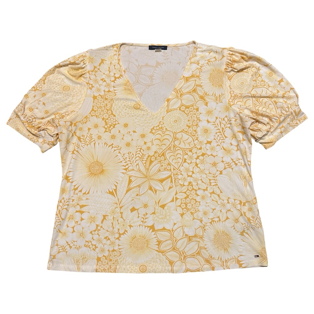 Tommy Hilfiger Yellow Floral Blouse Women’s Size XL V-Neck Puff Sleeve Top Shirt - Picture 3 of 9
